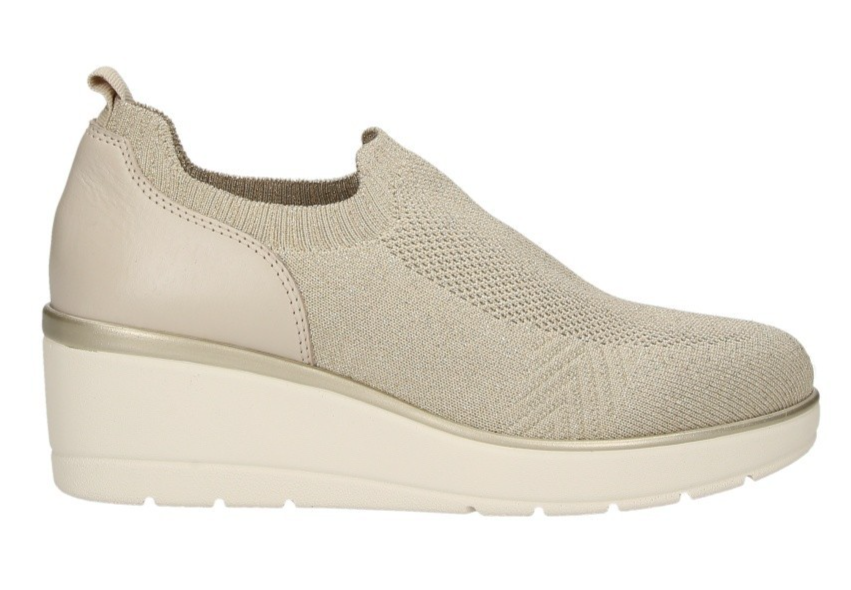 scarpa donna senza lacci in tessuto elasticizzato beg con seppa 6 cm