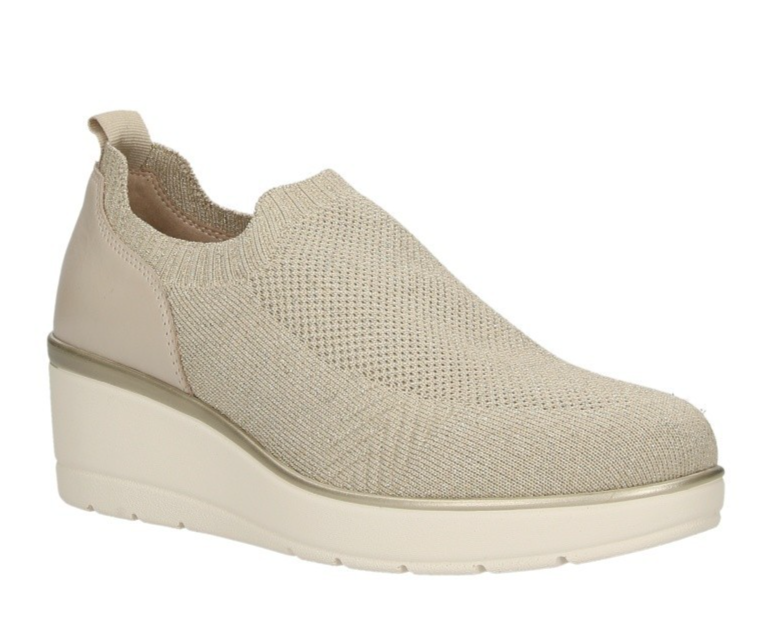 scarpa donna senza lacci in tessuto elasticizzato beg con seppa 6 cm