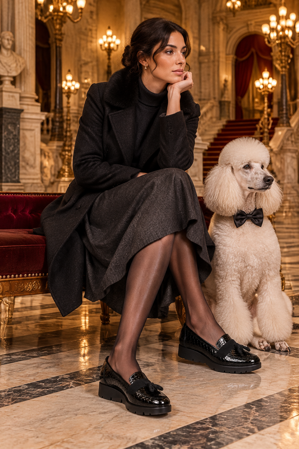 Donna elegante con mocassini nell’atrio del Teatro Massimo