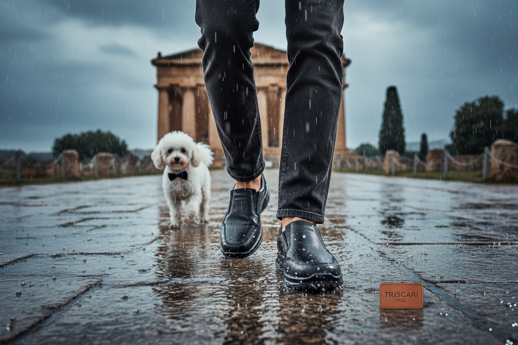 Scarpe in primo piano sotto la pioggia in Sicilia