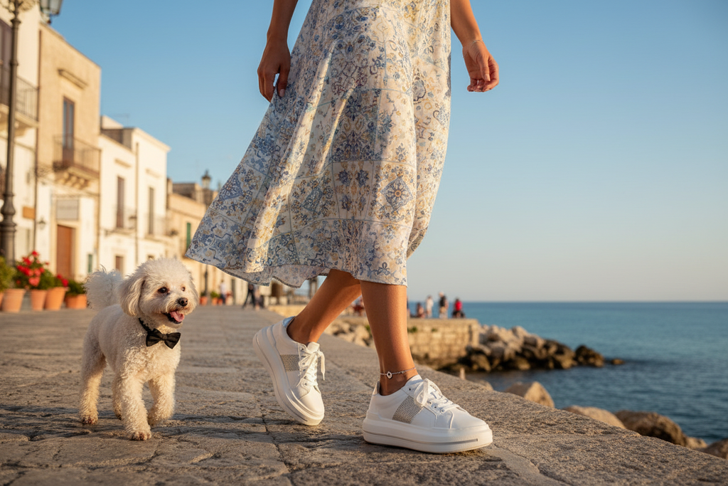 Sneakers bianche durante una passeggiata sul lungomare