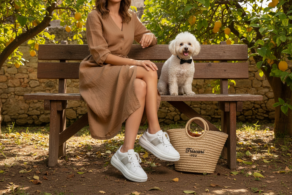 Sneakers bianche in un editoriale ambientato in un limoneto