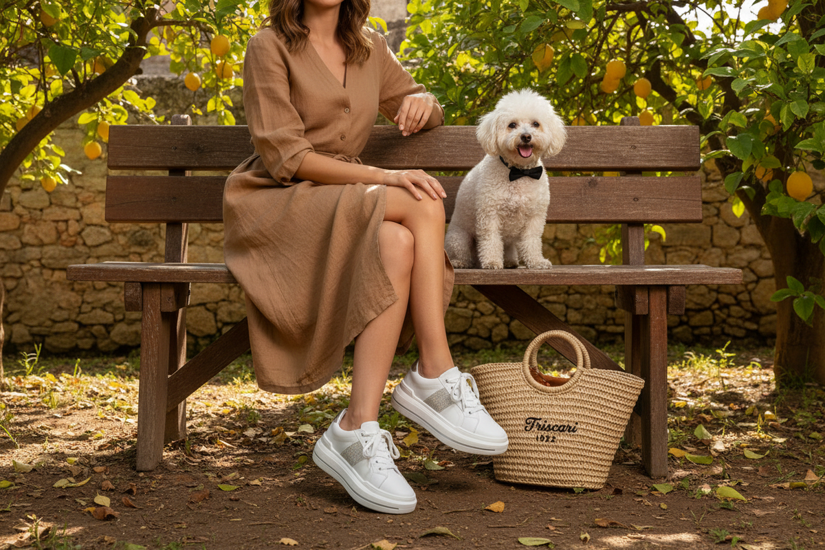 Sneakers bianche in un editoriale ambientato in un limoneto