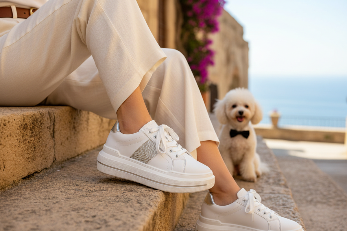 Sneakers bianche indossate su un gradino in Sicilia